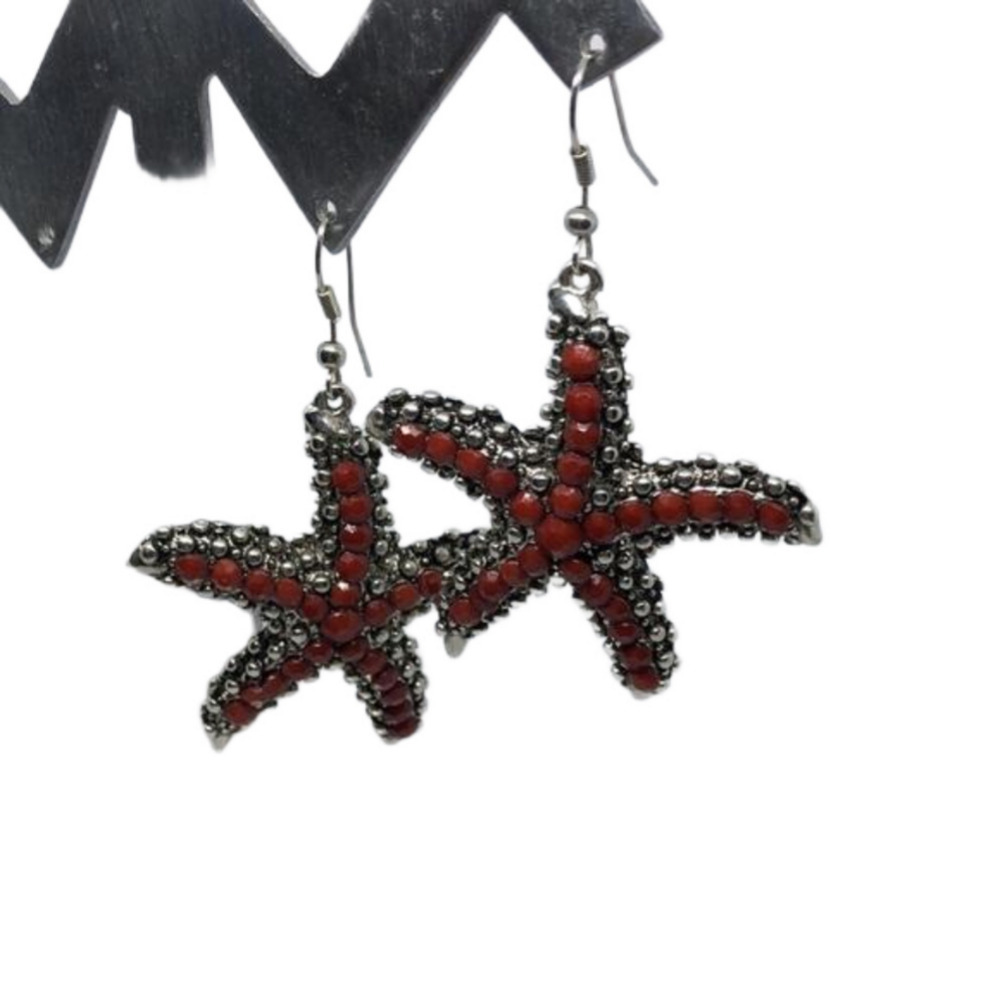 Antique silver tone starfish rhinestone faux coral earrings statement boho beach